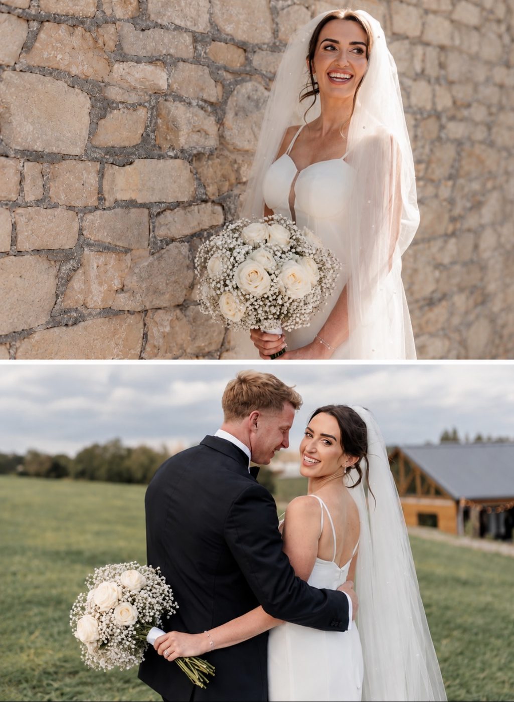 Bride and groom with a white rose and gypsophila bouquet